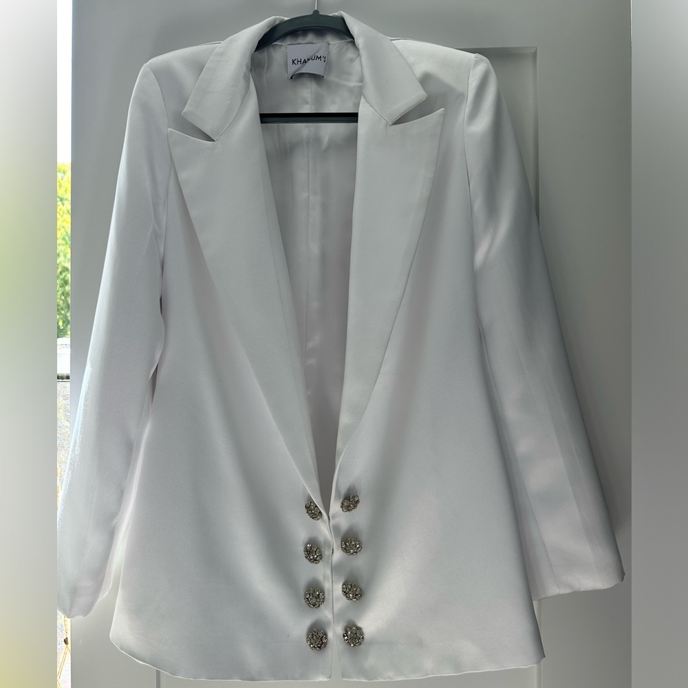 Khanums White Satin Blazer w/ Embellished Buttons